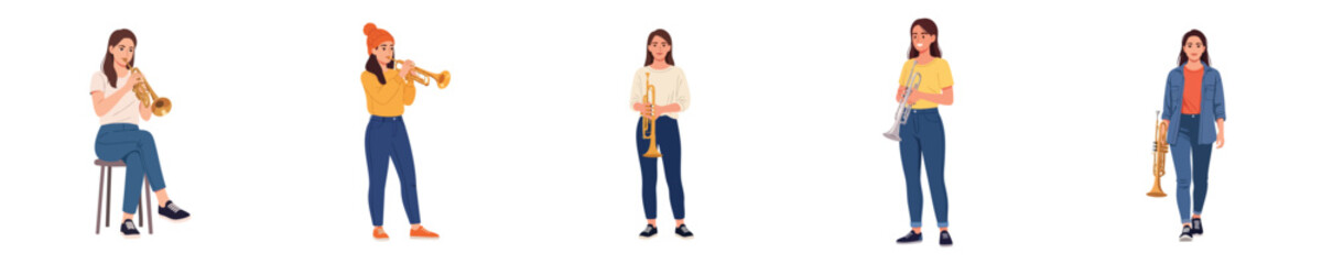 Naklejka premium Female Trumpet Musician Flat Vector Character Illustration Collection Set
