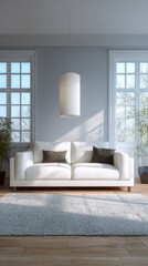 Fototapeta premium Vibrant photo of Elegant minimalist living room with white sofa, gray rug, pendant lamp, and large windows