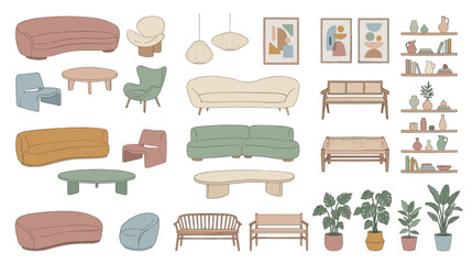 Large collection of hand-drawn furniture and home decor items in a modern bohemian style, featuring sofas, chairs, tables, plants, and art with soft, muted pastel colors