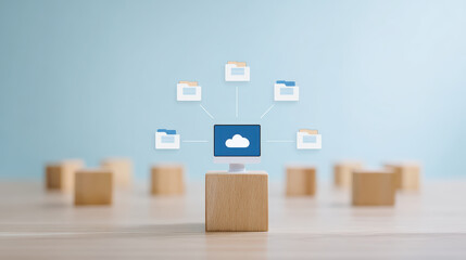 Obraz premium Cloud computing data storage file sharing network connection digital device wooden block minimal style blue background technology online service