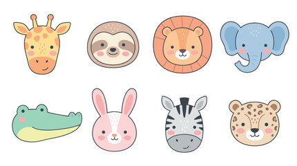Fototapeta premium Cute collection of cartoon animal faces including a giraffe, sloth, lion, elephant, crocodile, rabbit, zebra, and leopard, illustrated in a charming and simple kawaii style