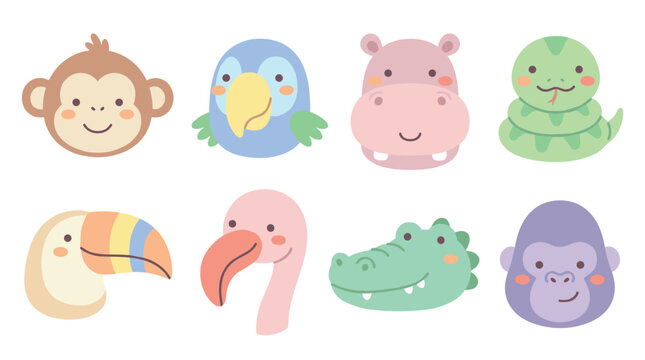 Set of cute cartoon jungle animal heads with friendly smiling faces, featuring a monkey, parrot, hippo, snake, toucan, flamingo, crocodile, and gorilla illustration