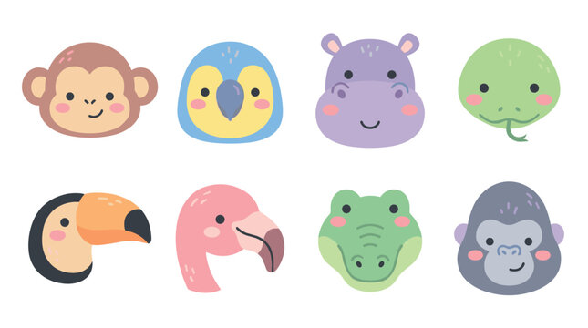Set of cute cartoon jungle animal heads featuring a monkey, parrot, hippo, snake, toucan, flamingo, crocodile, and gorilla in a flat, minimalist and adorable kawaii style