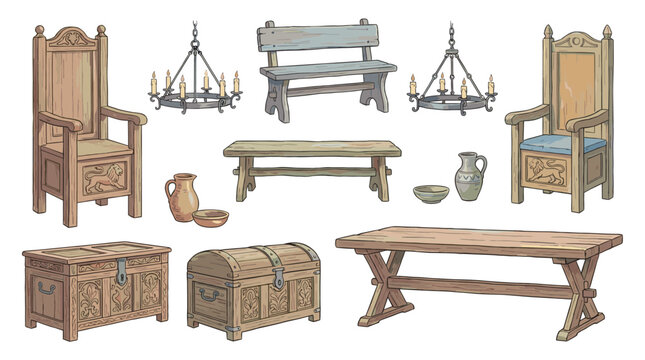 Collection of hand-drawn medieval furniture including ornate thrones, rustic tables, carved chests, and iron chandeliers for a fantasy setting with detailed historical designs