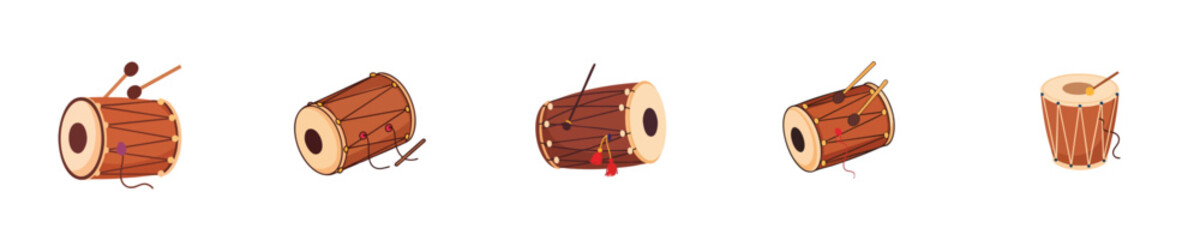 Traditional Indian Drum Dhol Flat Vector Musical Instrument Illustration Set