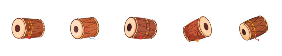 Traditional Indian Drum Dhol Flat Vector Musical Instrument Illustration Set