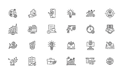 Business and technology concepts expressed through line-style icons in global strategy work, banner illustration icon set