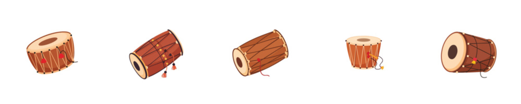 Traditional Indian Drum Dhol Flat Vector Musical Instrument Collection Set