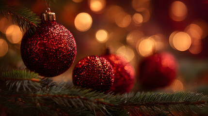 Obraz premium Festive red ornaments shine brightly on a pine branch during the holiday season celebration