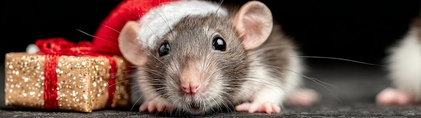 A heartwarming scene: joyful rat baby in santa hat and winter wonder. Colorful surrealism. Charming rat baby in santa hat, surrounded by vibrant festive icons. Bold fashion.