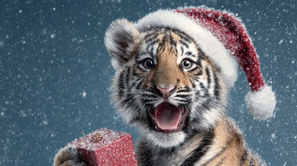 Charming christmas: a playful tiger cub sharing holiday cheer. Advertising photo. Snowy scene with grinning tiger cub dressed as santa holding a present. Rule thirds. Studio shot.