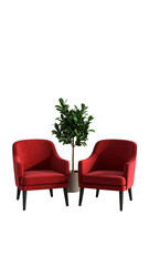 Fototapeta premium Zwei rote Sessel mit Pflanze – modernes 3D-Interior - PNG
