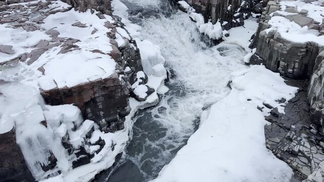 waterfall in winter in Sioux Falls, South Dakota 