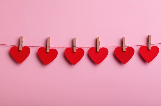 Red heart shapes hanging on a clothesline with wooden pegs against a soft pink background offering copy space