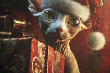 Festive feline delight: an endearing christmas sphynx with santa charm. Hero poster. Charming sphynx celebrity: a gift for christmas in a magical scene. Poster graphics. Poster illustration.