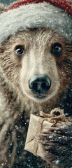 Festive teddy bear's delightful gift brings a holiday smile. Visual poster. A cute bear cub with santa hat and gift box in christmas card style. Cinematic poster. Cinema artwork.