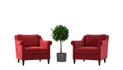 Fototapeta premium Zwei rote Sessel mit Pflanze – modernes 3D-Interior - PNG