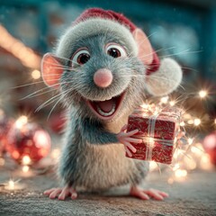 Cherished holiday whimsy: a smiling rat baby celebrates the season. Movie artwork. Wondrous rat baby in santa hat celebrating the season with a present. Blockbuster art. Cinematic poster.