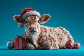 Charming cow celebrating christmas: a joyful holiday scene unfolds. Commercial image. The sweet christmas scene: a smiling cow with a tilted santa hat. Luxury style. Editorial style.