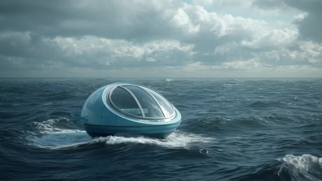 Futuristic blue submersible pod floating on choppy ocean waves