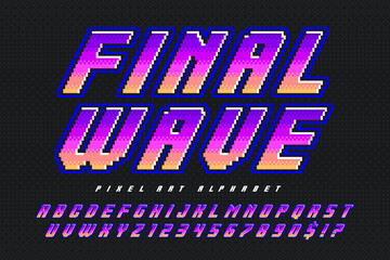 Original pixel alphabet. Retro video game style. High contrast and sharp, retro-futuristic design.
