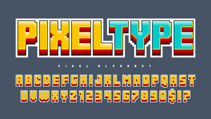 Pixel alphabet design. Retro video game style. High contrast and sharp, retro-futuristic.