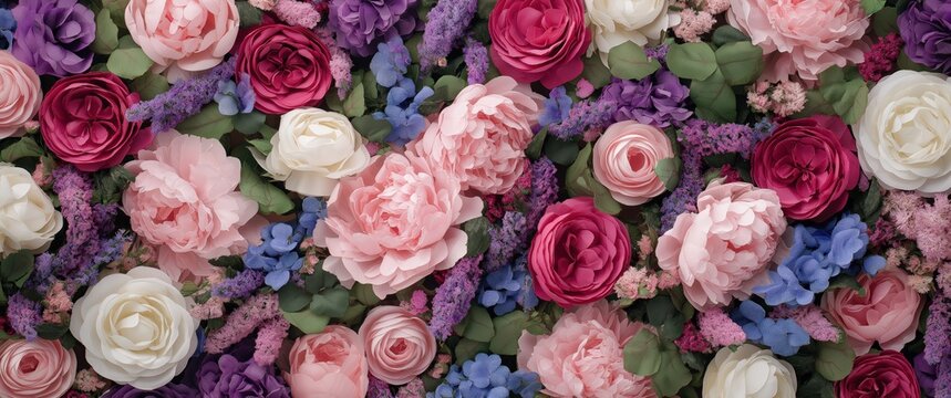 Beautiful display of pink peonies, dark red roses, and various purple and blue flowers creating a vibrant garden pattern