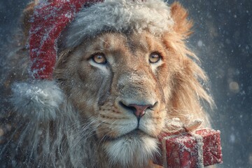 Whimsical holiday harmony: a lion fire horse celebrates christmas. Empty space. Charming lion fire horse smiles brightly in festive christmas scene. Visual balance. Studio shot.
