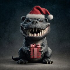 Charming pup in santa hat: a playful christmas composition. Copy space. Enhanced christmas pup scene: twinkling lights and naughty charm. Clear focus. Clean layout.