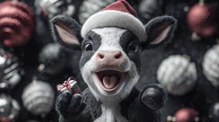 Holiday whimsy: a smiling cow brings warmth to christmas. Thriller poster. A whimsical holiday scene: cow with santa hat and a special gift box. Movie artwork. Cinematic poster.