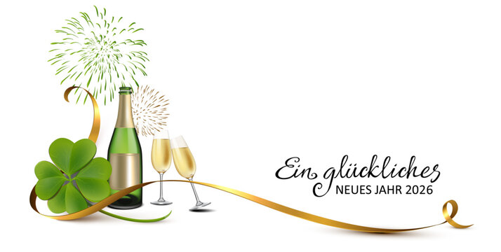 Neues Jahr Gl&uuml;ckwunsch Banner mit Sekt, Feuerwerk, Kleeblatt und Schleife	