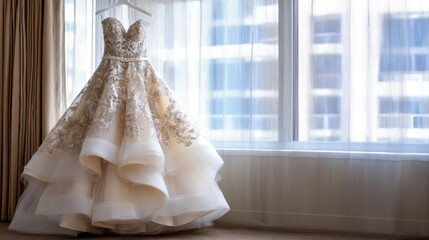 Elegant bridal gown displayed in a luxurious hotel room near large windows with soft natural light and modern decor