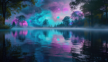 fantasy lake reflecting impossible colors, mirror-like surreal surface