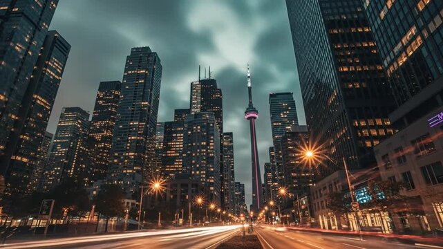 Toronto Cityscape at Night: Time-Lapse of Traffic and Skyscrapers in Urban Setting