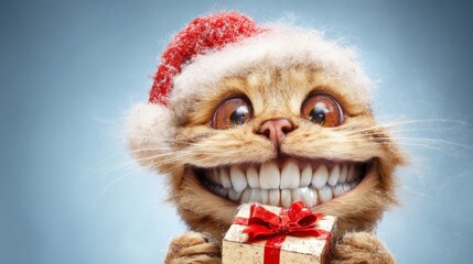 Whiskers under the mistletoe: a purrfect holiday greeting card. Grotesque style. A festive feline fantasy: kitten with gift box in holiday setting. Visionary fashion. Creative concept.