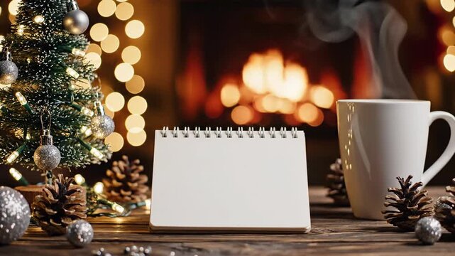 Christmas scene with decorated tree blank notepad and hot beverage