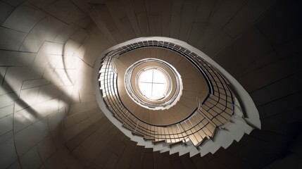 View from below of a spiraling staircase ascending, leading to a circular window at the top. The structure is bathed in light