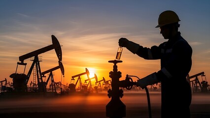 Silhouette of an oil worker inspecting a sample against a backdrop of pumping jacks at sunset