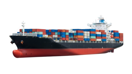 Massive colorful cargo container ship sailing carrying global trade goods