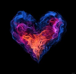 Abstract heart shape forming with vibrant blue, pink, and orange smoke and flame against a dark black background