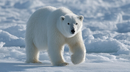 Majestic polar bear walking on Arctic snow landscape