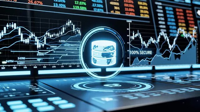 A futuristic computer-generated image depicting a sleek, high-tech workstation with a glowing blue icon of a shield with a graph inside a circle on the screen