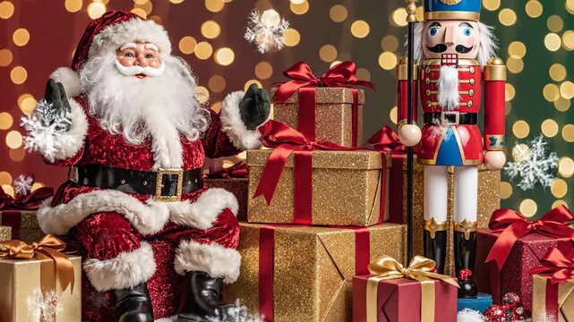 Festive holiday display featuring santa claus nutcracker and wrapped gifts