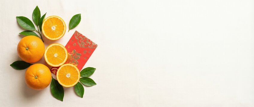 Chinese New Year red packet, kumquat oranges, and green leaves on white background for Lunar New Year celebration, wealth, and good fortune message. Banner with copy space