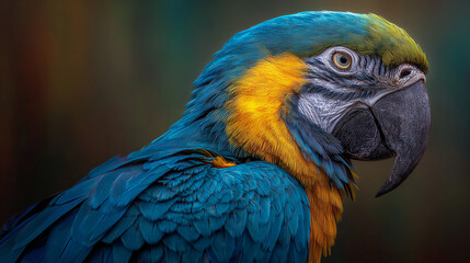 Vibrant blue and yellow macaw with striking gaze