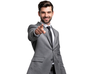 Confident male motivational speaker standing and pointing forward, realistic facial expression and natural hand gesture, isolated on a transparent background, PNG