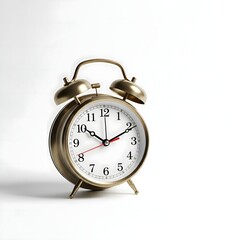 Vintage brass twin-bell alarm clock on a clean white background casting a soft shadow