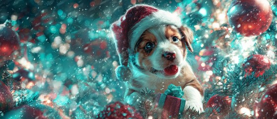 Charming pup in santa hat: a playful christmas composition. Thriller poster. Enhanced christmas pup scene: twinkling lights and naughty charm. Adventure poster. Action poster.