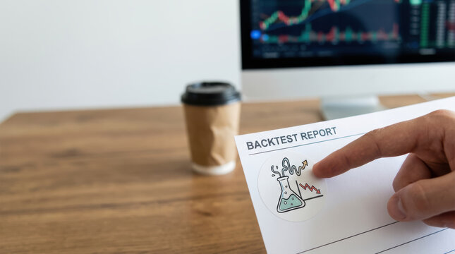 Backtest report with ai investment data showing potential loss and market trends on paper held by hand near coffee cup and computer screen