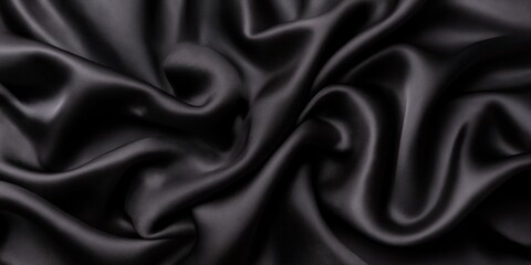 Fototapeta premium Black satin fabric creating smooth, elegant waves and folds. Providing a luxurious texture background with ample copy space
